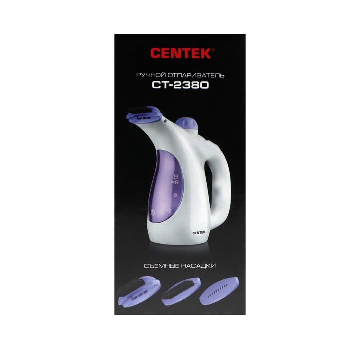 Отпариватель Centek CT-2380, ручной, 800 Вт, 330 мл, 15 г/мин, шнур 2 м, бело-фиолетовый Отпариватель Centek CT-2380, ручной, 800 Вт, 330 мл, 15 г/мин, шнур 2 м, бело-фиолетовый