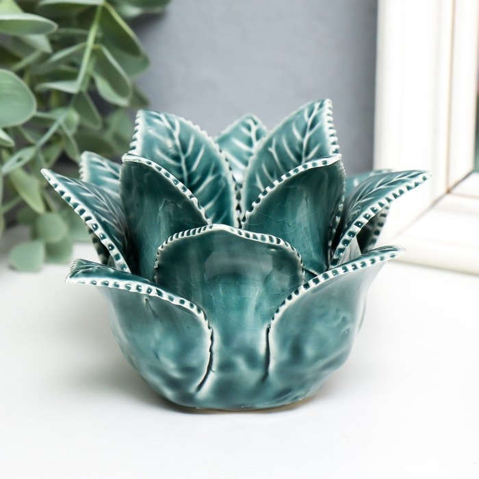 Подсвечник керамика на 1 свечу "Листья розы" d-4,2 см синий 13х13х9 см