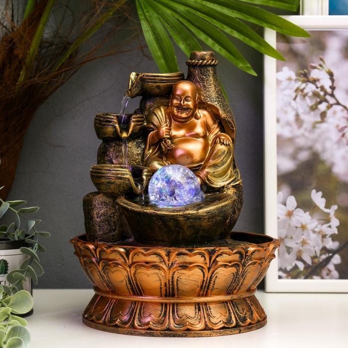 Фонтан настольный от сети, подсветка "Хотей у скалы с водопадом" 27х20х20 см