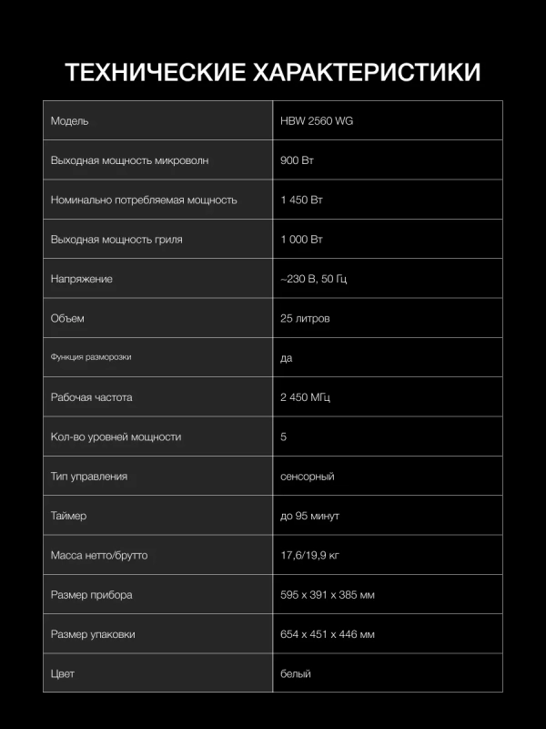 Встраиваемая микроволновая печь HBW 2560WG 25л