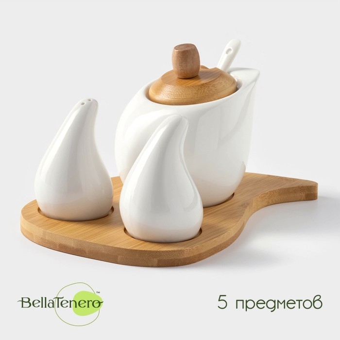 Набор фарфоровый для специй на бамбуковой подставке BellaTenero &laquo;Капельки&raquo;, 3 предмета: солонка 60 мл, перечница 60 мл, сахарница с ложкой 330 мл, цвет белый