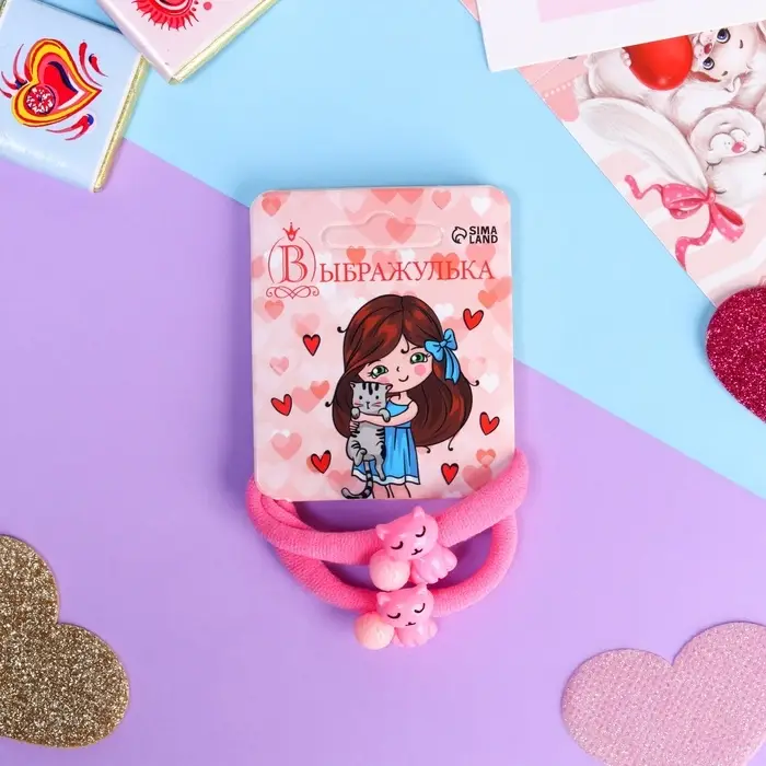 Резинки для волос &laquo;Маленькая радость&raquo;, набор 2 шт., котик, 3.5 см, розовые