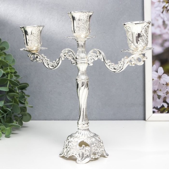 Подсвечник металл на 3 свечи "Виноградная лоза" серебро 22х7,5х25 см