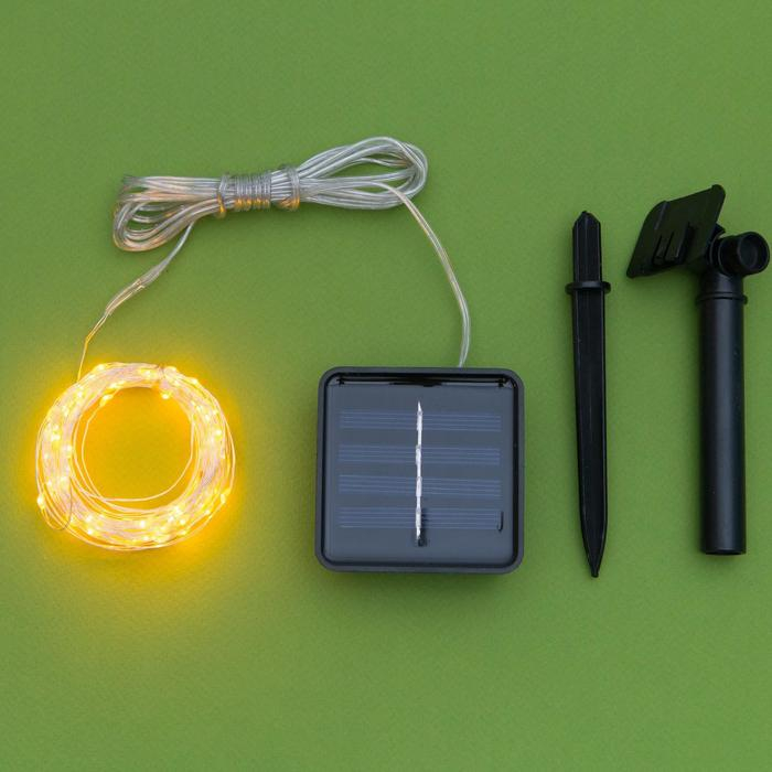 Гирлянда &laquo;Нить&raquo; 10 м роса, IP44, серебристая нить, 100 LED, свечение жёлтое, 2 режима, солнечная батарея