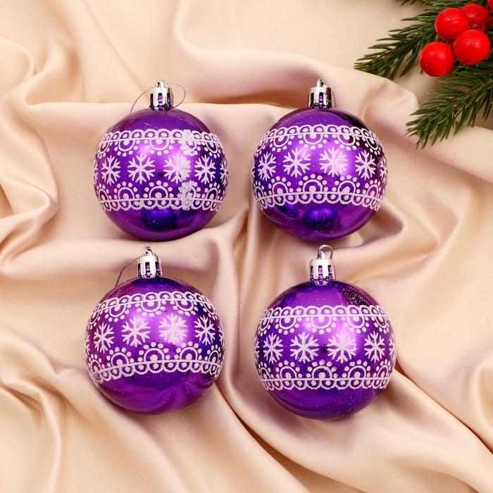 Ёлочные игрушки, шары новогодние , пластик, набор d-6 см, 4 шт "Кружева природы" бело-фиолетовый