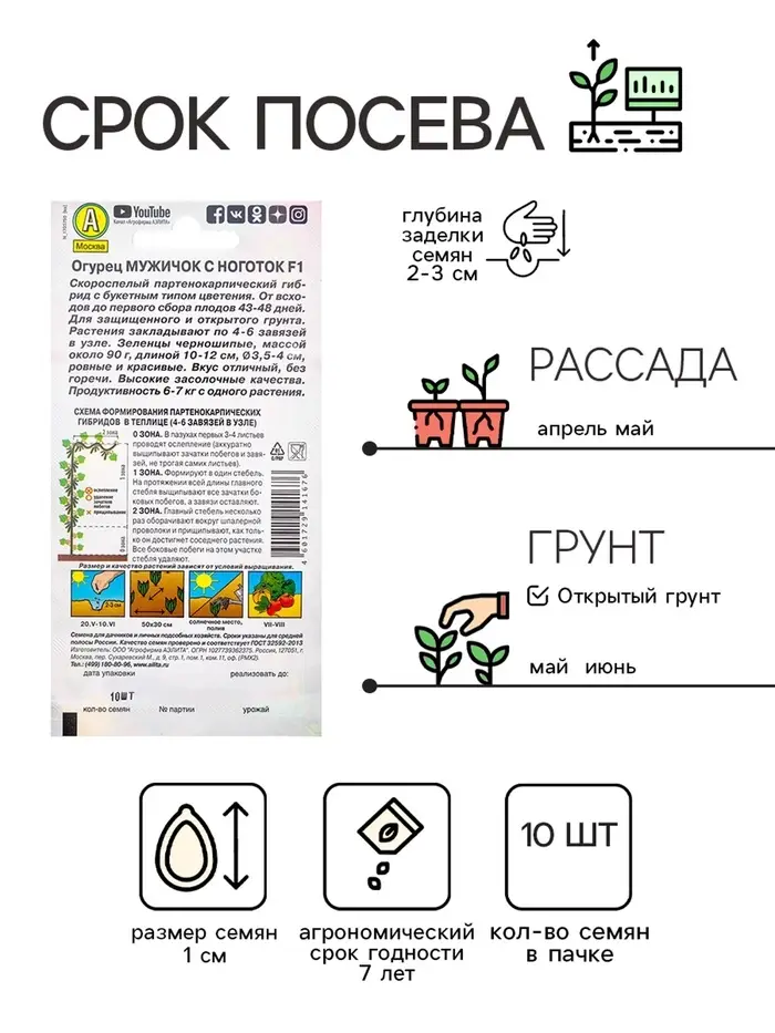 Семена Огурец "Мужичок с ноготок" F1, среднеранний, партенокарпический, 10 шт