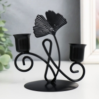 Подсвечник металл на 2 свечи "Лист Гинкго и завиток" d-2,5 см чёрный 11,8х9х13 см