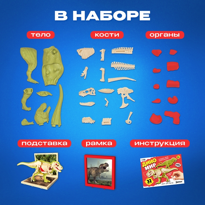 Набор для опытов &laquo;Диномир: Тираннозавр&raquo;, строение тела динозавра, 33 детали