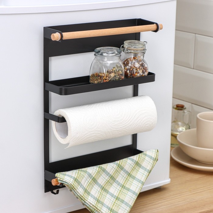 Держатель для кухонных принадлежностей на магните Доляна, 6 крючков, 4 направляющих, 34&times;24,5&times;34 см, цвет коричневый