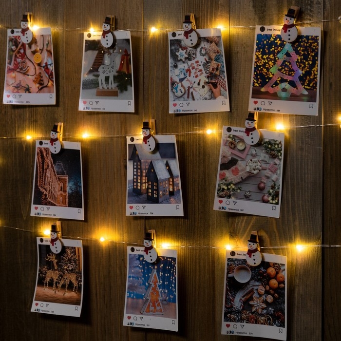 Гирлянда &laquo;Нить&raquo; 2 м роса с насадками &laquo;Прищепка-снеговик&raquo;, IP20, серебристая нить, 20 LED, батарейки ААх2 (нет в комплекте), свечение тёплое белое