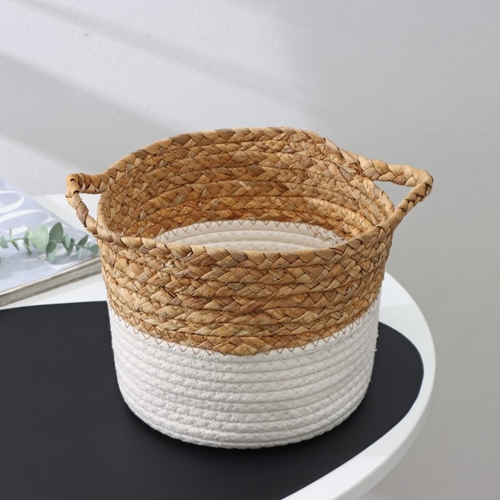 Корзина для хранения ручной работы, с ручками, камыш, хлопок, 20&times;20&times;15 см