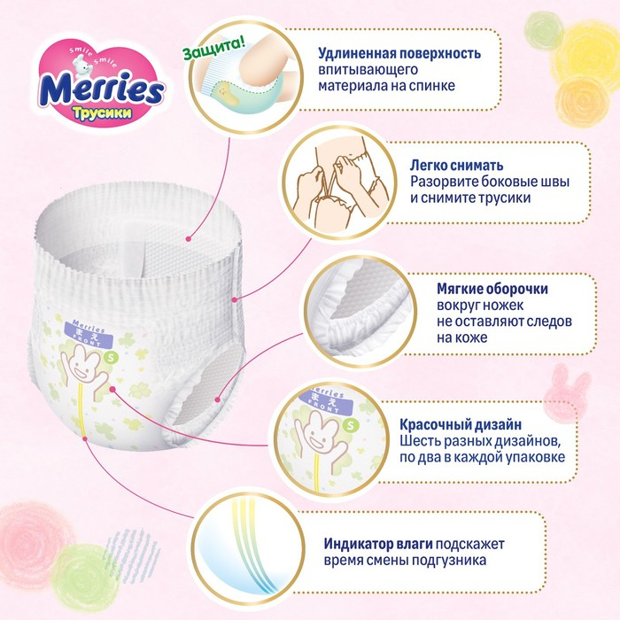 Подгузники-трусики Merries S 4-8 кг, 62 шт. Подгузники-трусики Merries S 4-8 кг, 62 шт.
