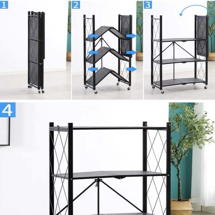 Стеллаж складной на колесах, 4 полки, 72&times;34&times;122см, цвет чёрный матовый