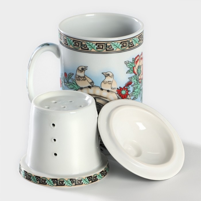 Кружка керамическая с крышкой и ситом &laquo;Птицы в пионах&raquo;, 300 мл