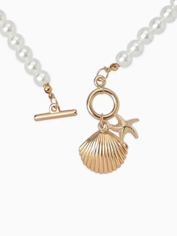 Набор 2 пред-та: бусы.браслет "Жемчуг", ракушка вонголе, цвет белый в золоте L=18/42см №8