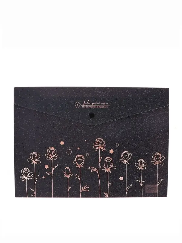 Папка-конверт на кнопке формат А4 180мкр блестящая МИКС Цветы на черном  (штрихкод на штуке)   10843