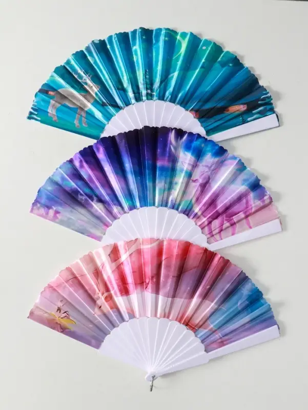 Веер пластик, текстиль "Олени" МИКС широкие лопасти 23 см