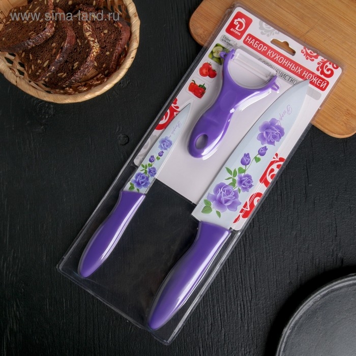 Набор кухонных принадлежностей Доляна &laquo;Нарцисс&raquo;, 3 предмета: 2 ножа с антиналипающим покрытием, лезвие 12 см, овощечистка, 20&times;4 см, цвет фиолетовый