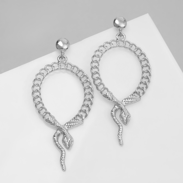 Новый год! Символ года 2025! Серьги металл &laquo;Змея&raquo; плетение, цепь, цвет серебро