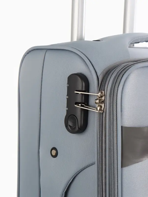 Чемодан 20",Текст,36*25*58,отд на молнии,1 нар/карм, увелич,код замок,4 колеса, т.серый