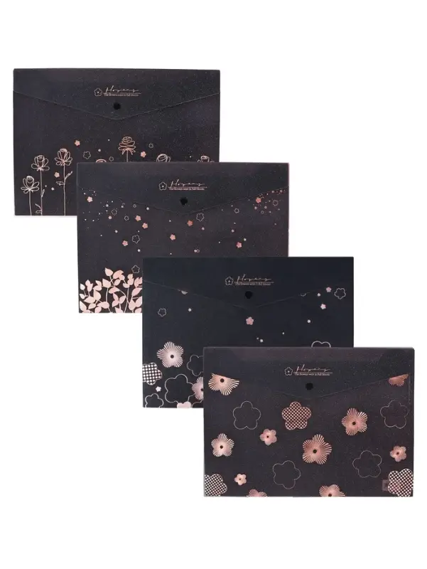 Папка-конверт на кнопке формат А4 180мкр блестящая МИКС Цветы на черном  (штрихкод на штуке)   10843