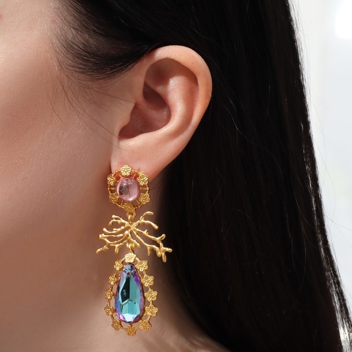 Серьги висячие со стразами &laquo;Цветение&raquo; сказочное, цветные в золоте, 7 см