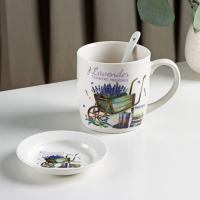 Кружка керамическая с ложкой на подставке &laquo;Лаванда&raquo;, 330 мл, рисунок МИКС