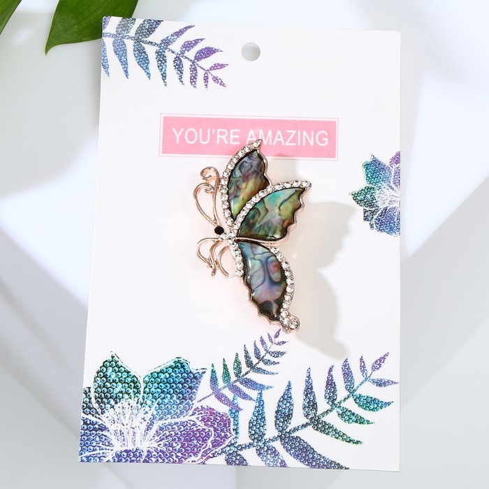 Брошь &laquo;Галиотис&raquo; бабочка со сложенными крылышками, цвет бело-зелёный в розовом золоте