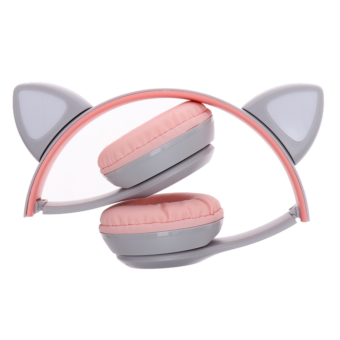 Наушники беспроводные &laquo;Котик&raquo;, звуковые и световые эффекты, складные, цвет серый