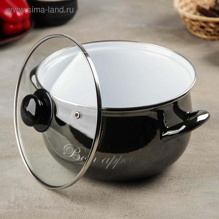 Кастрюля эмалированная &laquo;Металлик&raquo;, 4 л, стеклянная крышка, индукция, цвет чёрный