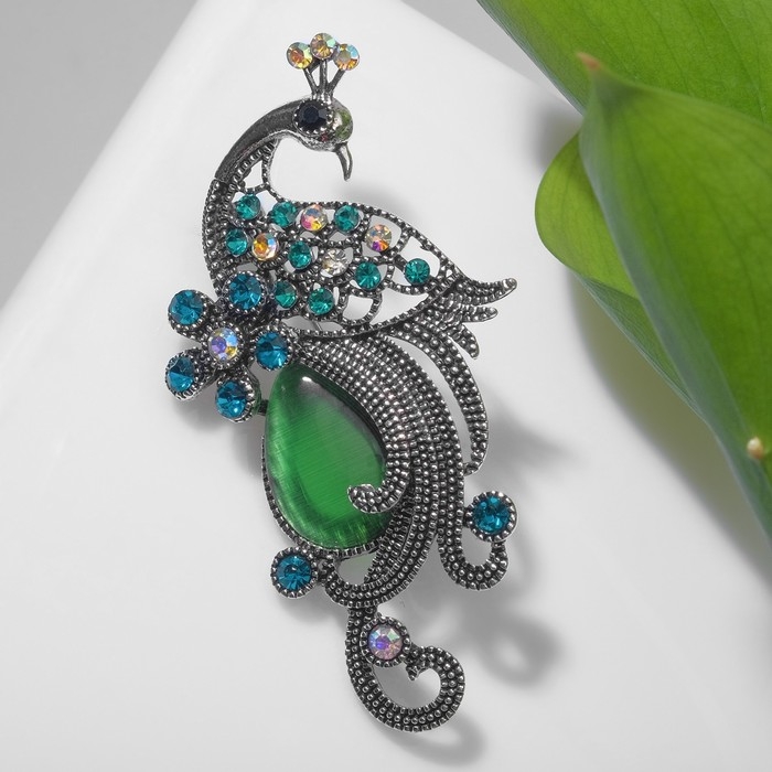 Брошь &laquo;Павлин&raquo; элегантный, цветная в чернёном серебре