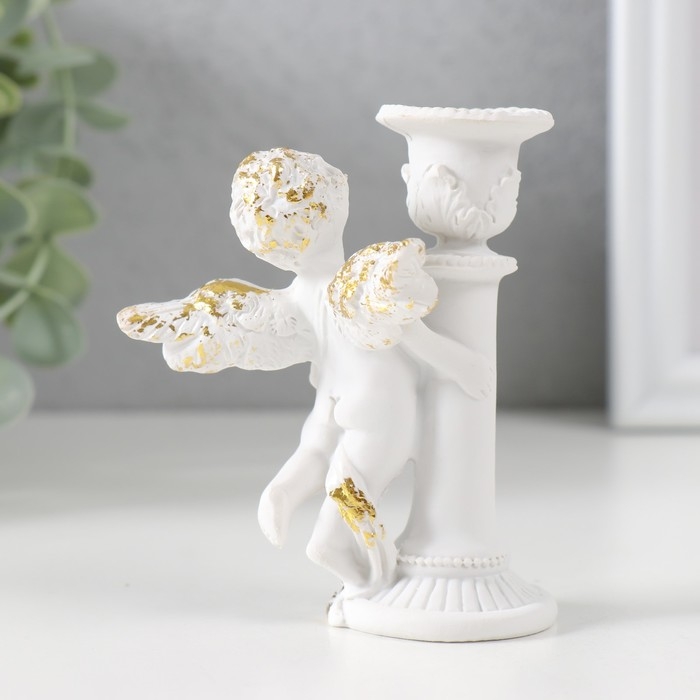 Подсвечник полистоун на 1 свечу "Ангел на колонне" d-1,2 см белый с золотом 9,8х8х7 см