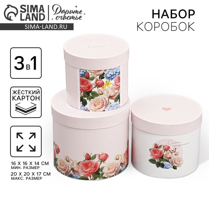 Набор шляпных коробок 3 в 1, упаковка подарочная, «Самой прекрасной», 16 х 16 х 14‒20 х 20 х 17 см Набор шляпных коробок 3 в 1, упаковка подарочная, «Самой прекрасной», 16 х 16 х 14‒20 х 20 х 17 см