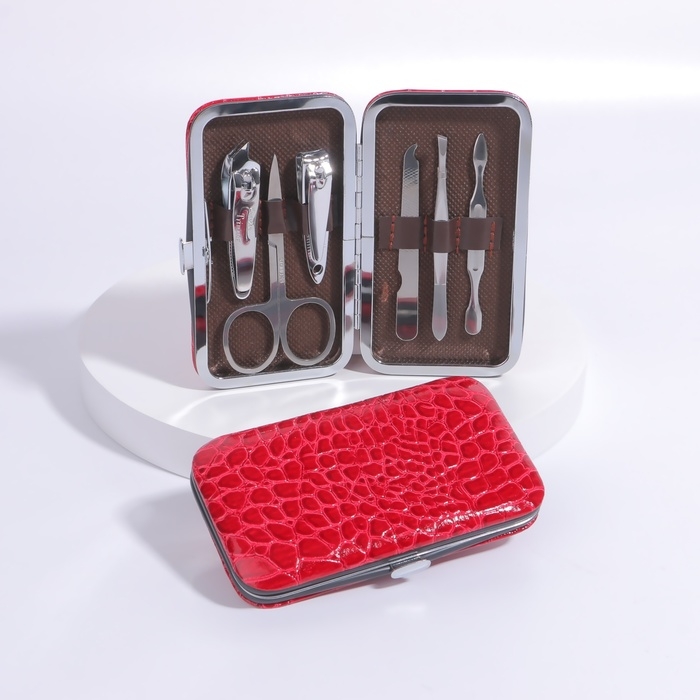 Набор маникюрный &laquo;Крокодил&raquo;, 6 предметов, в футляре, цвет красный