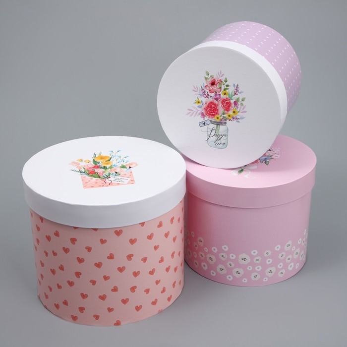 Набор шляпных коробок 3 в 1, упаковка подарочная, «Букетики», 16 х 16 х 14‒20 х 20 х 17 см Набор шляпных коробок 3 в 1, упаковка подарочная, «Букетики», 16 х 16 х 14‒20 х 20 х 17 см