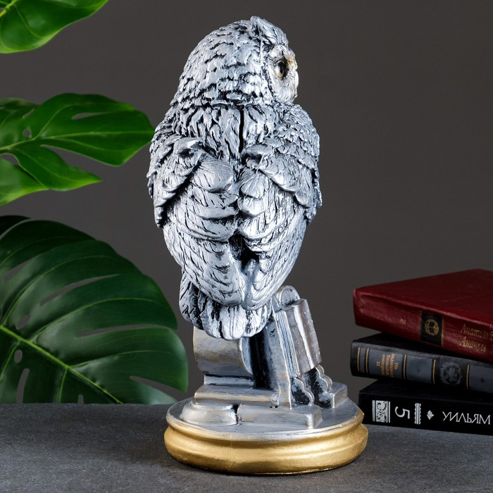 Копилка "Сова с книгой" серебро, 21х17х35см