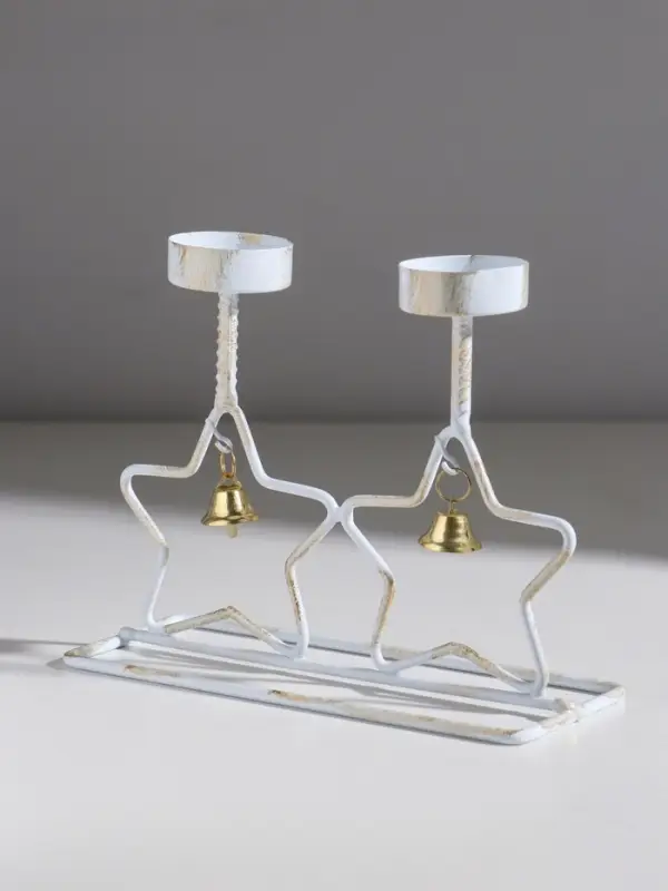 Подсвечник металл на 2 свечи "Две звезды" белый с патиной d=5 см 18,5х7,3х14,8 см