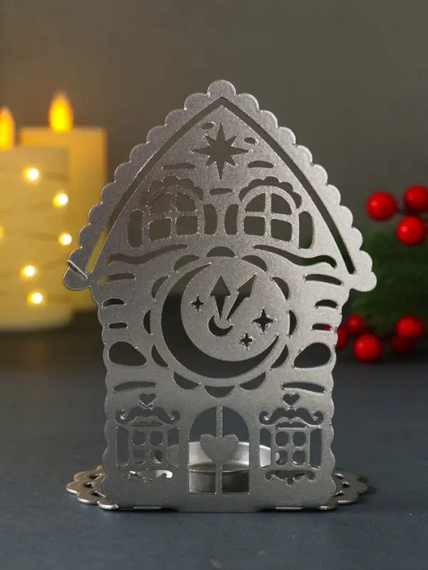 Подсвечник новогодний "Домик с часами" серебряный 6,7х10х13,5 см