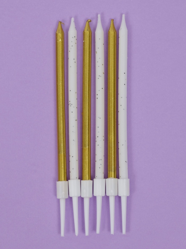 Свечи для торта "Блестящая вечеринка", 6 шт, белый, золотой и белый