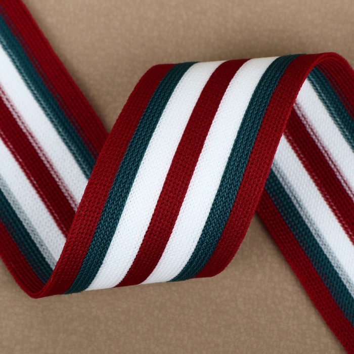 Тесьма трикотажная лампас 40 мм, 9,1 &plusmn; 0,5 м, цвет бордовый/зелёный/белый