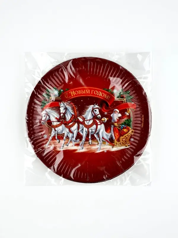 Тарелка бумажная "Три лошадки" , красная 18 см