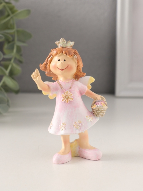 Сувенир полистоун "Принцесса-ангел в розовом платье с корзинкой цветов" 7х4х10 см