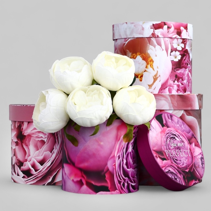 Набор шляпных коробок для цветов 4 в 1, упаковка подарочная, &laquo;Пионы&raquo;, 20 х 17,5 - 16 х 14 см