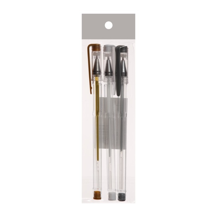 Набор гелевых ручек 3 цвета, корпус прозрачный, белый, серебристый, золотой