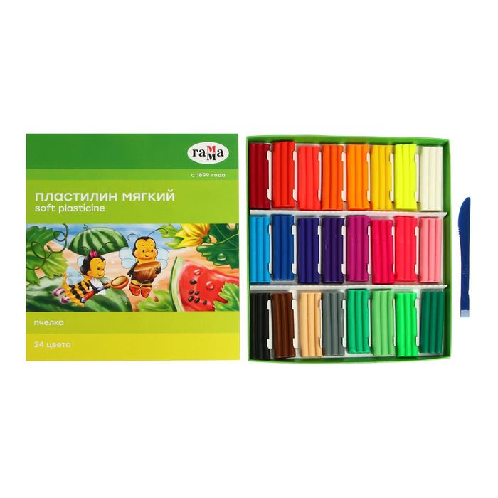 Пластилин мягкий (восковой), 24 цветов, 360 г, Гамма Пластилин мягкий (восковой), 24 цветов, 360 г, Гамма "Пчелка", со стеком