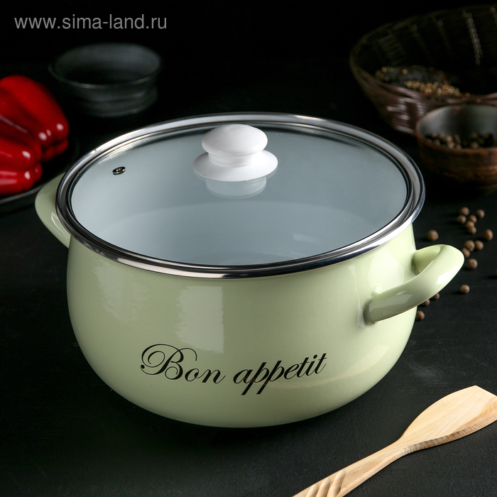 Кастрюля эмалированная &laquo;Лайм&raquo;, 5.7 л, стеклянная крышка, индукция, цвет светло-зелёный