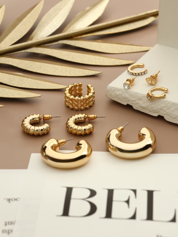 Серьги и каффы &laquo;Бублик&raquo;, набор 9 шт. цвет золото