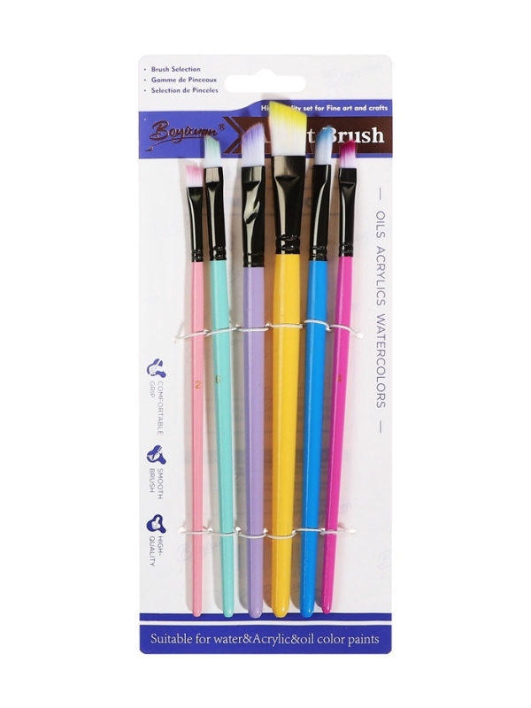 Набор кистей синтетика плоские 6 штук скошенные, с цветными ручками пастель (№2,4,6,8,10,12)   10843