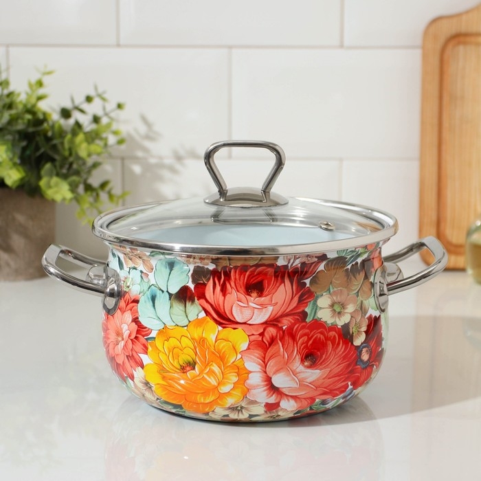 Кастрюля эмалированная &laquo;Верона&raquo;, 2,1 л, стеклянная крышка, индукция