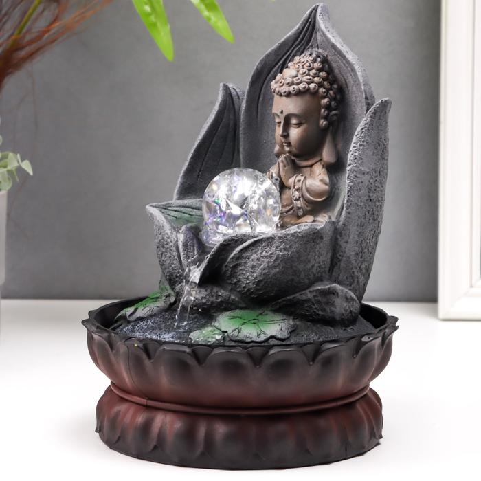 Фонтан настольный от сети, подсветка Фонтан настольный от сети, подсветка "Маленький будда в лотосе" серый мрамор 30х20,5х20,5 см